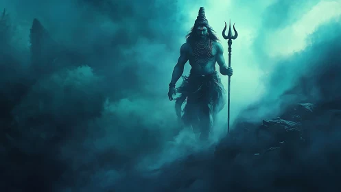 Mythic warrior deity emerges through teal sacred mist.