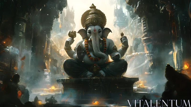 Temple titan Ganesh glows amid stormlit cosmic ruins.