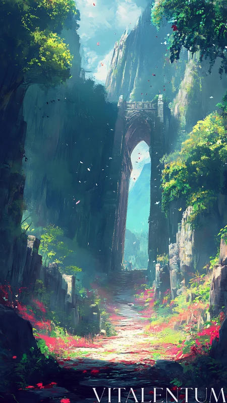 Ancient stone archway rises above luminous forest path