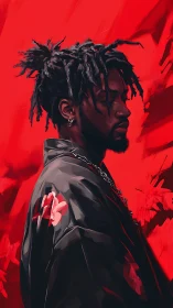 Profile portrait of man in dark cloak on red background.