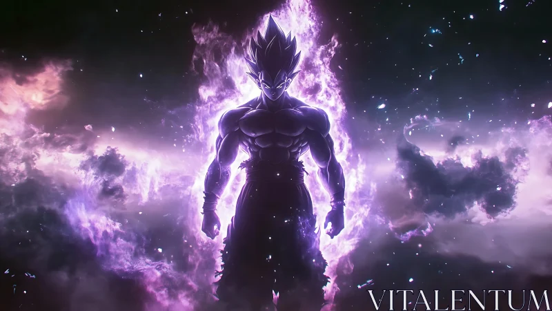 Silhouetted muscular figure stands in purple energy field