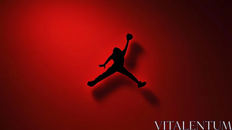 Silhouette basketball dunk logo over vivid red backdrop.