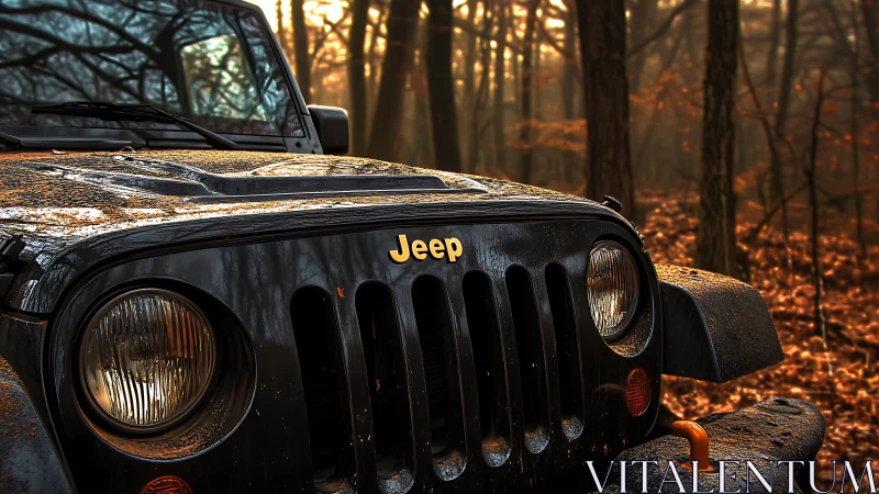 Mud-splattered Jeep nose nudges into a misty autumn forest glow