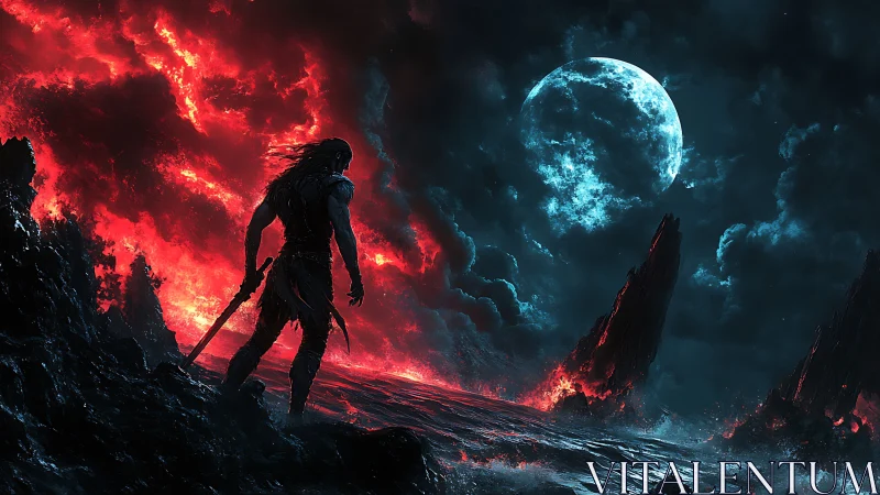 Warrior Silhouette Confronts Bifrontal Infernal and Lunar Sky