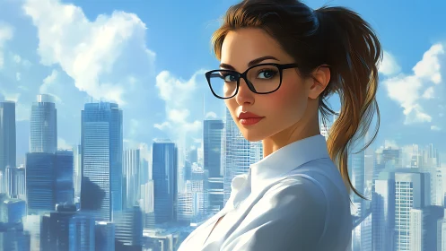 Woman in glasses stands before dense modern city skyline