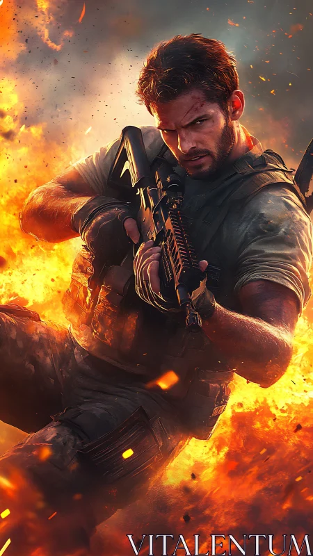 Fireborne soldier diving through chaos with burning resolve.