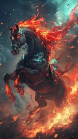 Volcanic warhorse rearing amid plasma-grade inferno skies.