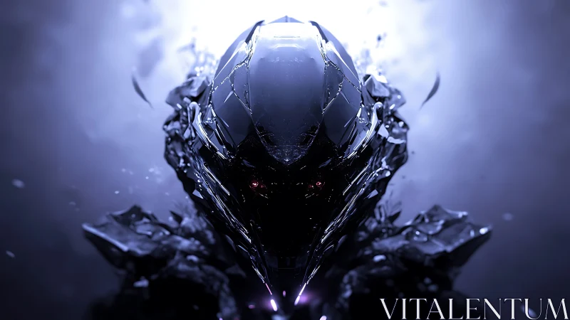 Shattered cybernetic helm emerges from the stormy neon void