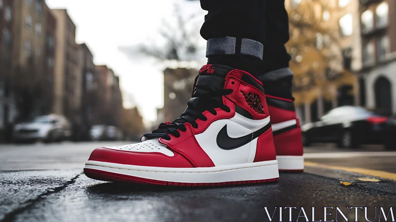 Red and white high-top sneakers on wet urban street pavement.