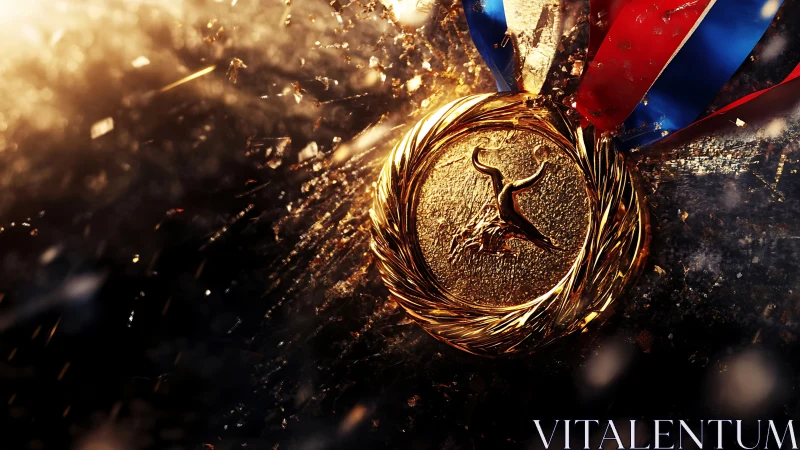 Gold sports medal with bull emblem and ribbons in light.