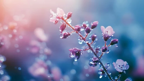 Dewdrops on Flowering Branch in Soft Morning Light.