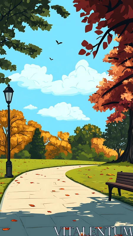 Digital park illustration with curved path and autumn foliage.