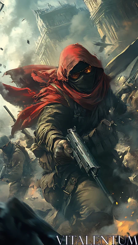 Hooded urban striker advances through burning war-torn ruins.