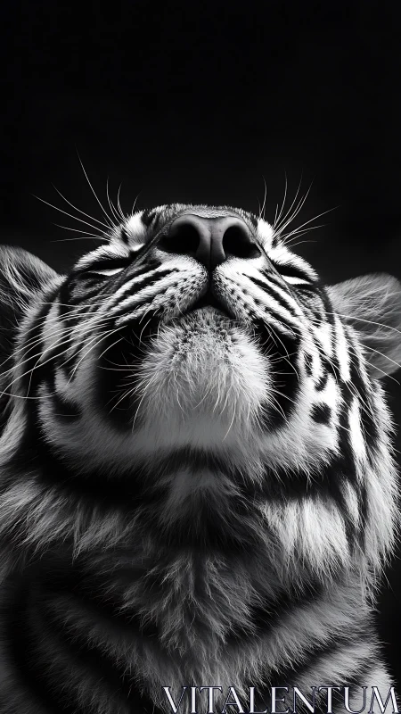 Gentle tiger close‑up basking in quiet monochrome light.