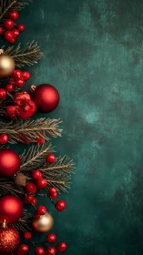 Festive red ornaments on teal textured Christmas backdrop.