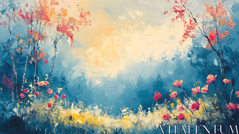 Brushwork landscape presents central light amid trees and flowers