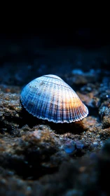 Macro seashell study with dramatic underwater lighting focus.