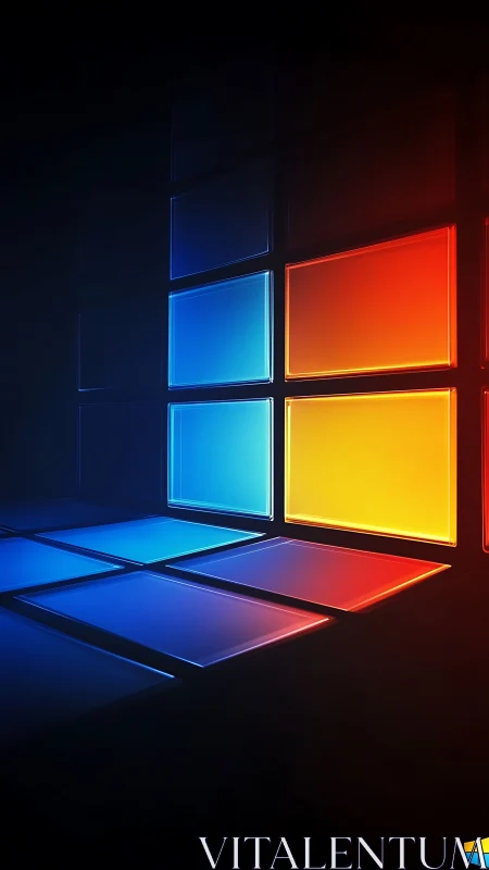 Glowing blue and orange glass panels on dark grid wall.