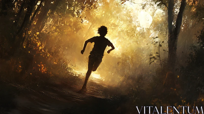 Silhouette sprinting toward blazing forest sunrise glow.