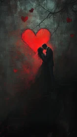 Silhouetted Figure Embracing Luminous Red Heart Against Dark Wall.