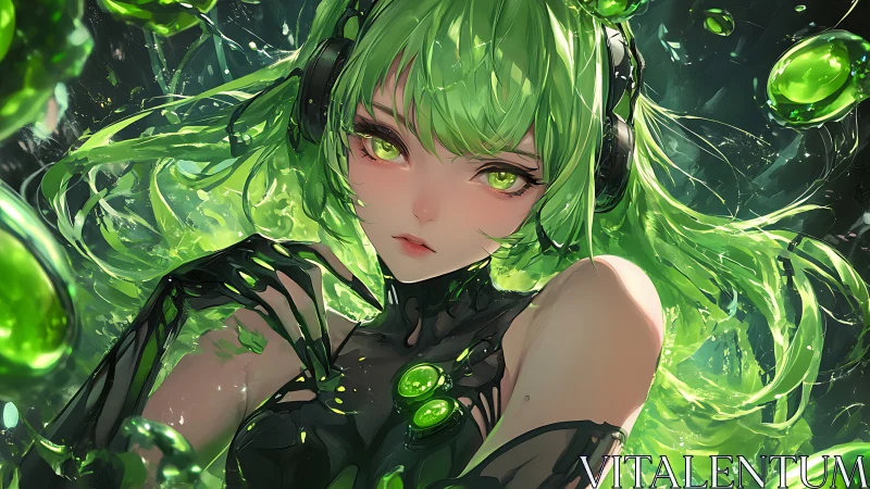 Cybernetic green android girl with luminous liquid energy.