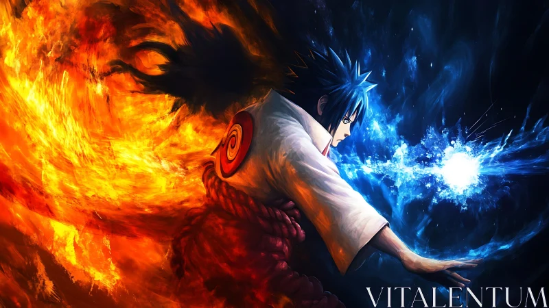 Fiery and icy energy clash as a determined warrior advances