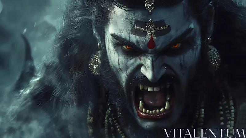 Demonic warrior portrait with glowing eyes and fanged roar.