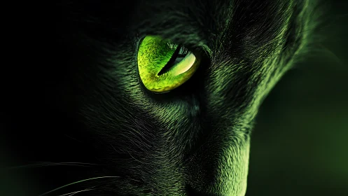 Close profile view of green cat eye in deep shadow.