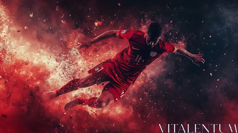 Explosive soccer action captures a player mid air in blazing reds