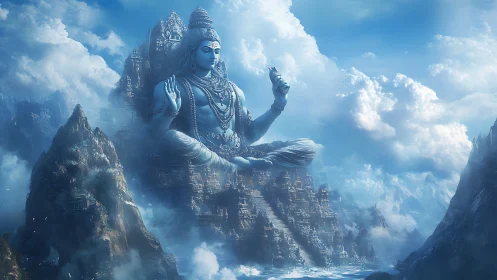 Colossal seated deity figure integrated into mountain landscape.