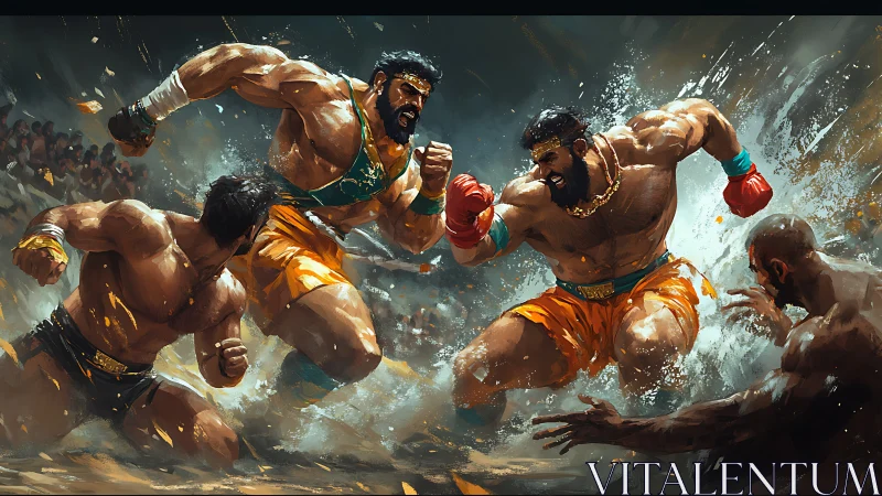 Muscular fighters engaged in combat within arena setting