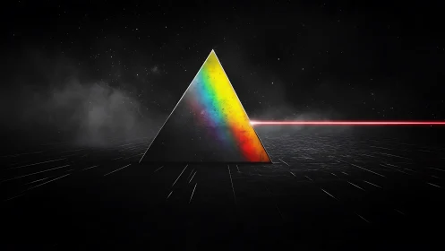 Prismatic pyramid glows gently as a lone red beam passes
