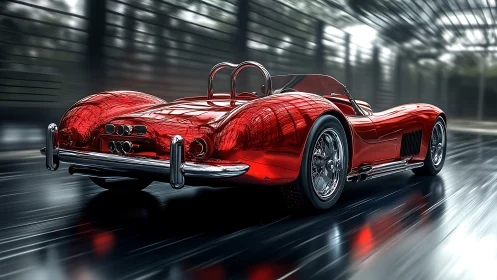 Chrome-lined scarlet roadster blurs through a glass tunnel