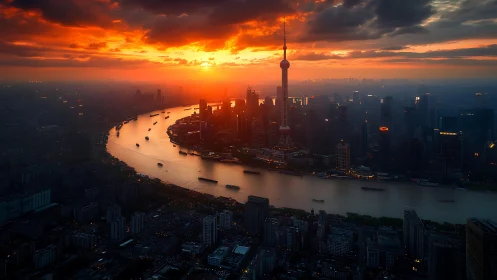 Sunset glow curling over a river of lights and towers.