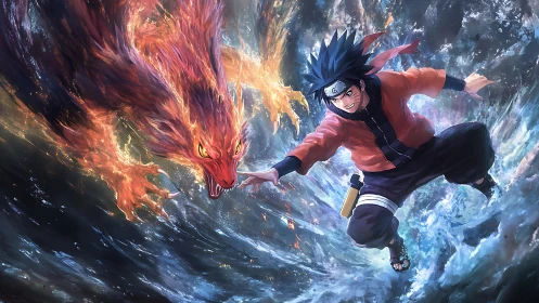 Dynamic shinobi in vortex with flaming fox spirit familiar