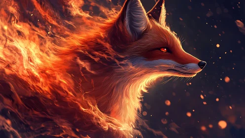 Firelit fox strides through embers like a wandering comet