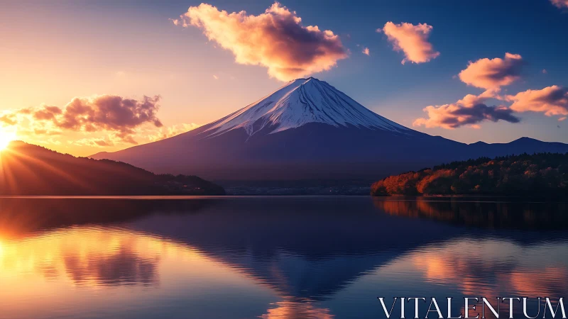 Sunrise light crowns a snow-capped mountain over still lake