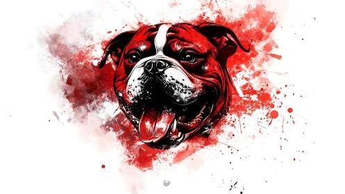 Playful red bulldog bursting from bold paint splashes.