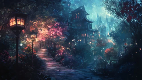 Moonlit garden stairs lead toward a glowing fantasy pagoda