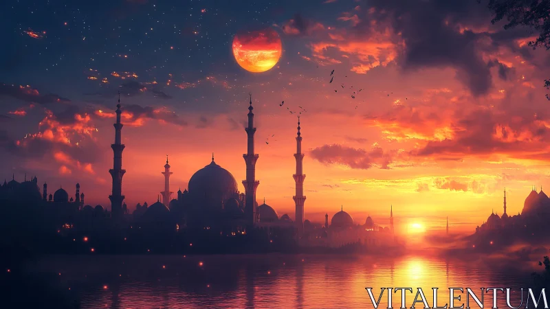 Dome and minaret skyline under red moon at sunset.