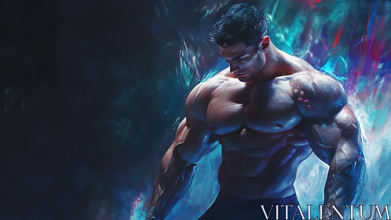 Muscular male figure stands shirtless in neon abstract light