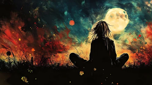 Silhouetted figure sits before full moon amid abstract sky