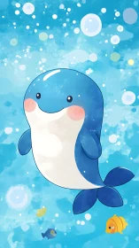 Smiling blue cartoon whale drifts upward through bubbles
