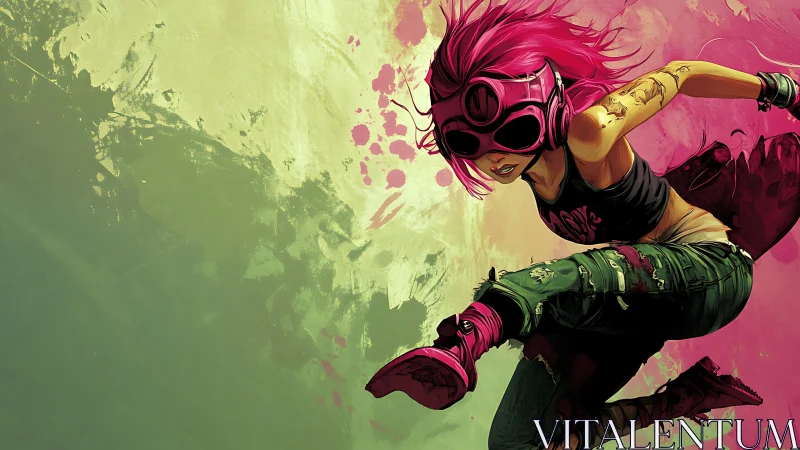 Kinetic punk runner in high-energy chromatic vector flux.