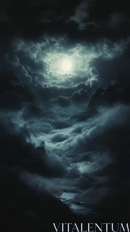 Lunar-illuminated turbulent cloud canyon with nocturnal river.