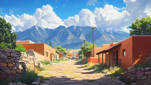 Sunlit adobe street aligns toward distant snow-streaked mountains