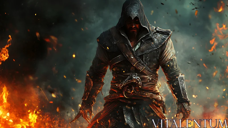 Hooded armored figure stands amid surrounding flames and smoke