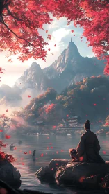 Crimson mountains cradle a meditating traveler by calm water