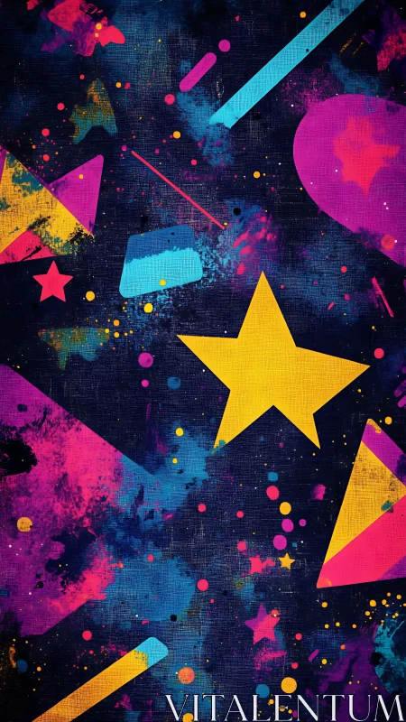 Neon geometric stars over textured midnight canvas field.