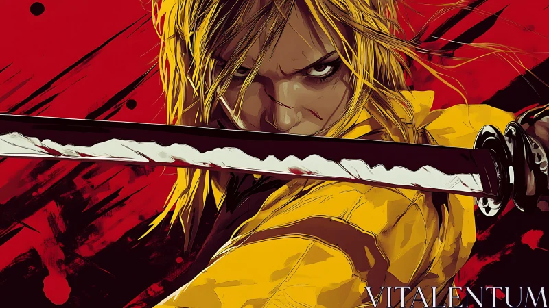 Dynamic cel-shaded swordswoman with katana in aggressive frontal pose